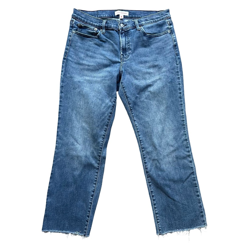 Lucky Brand Crop Jean Size 14 Blue Denim Sweat Mid-Rise Raw Hem Straight Zip Fly